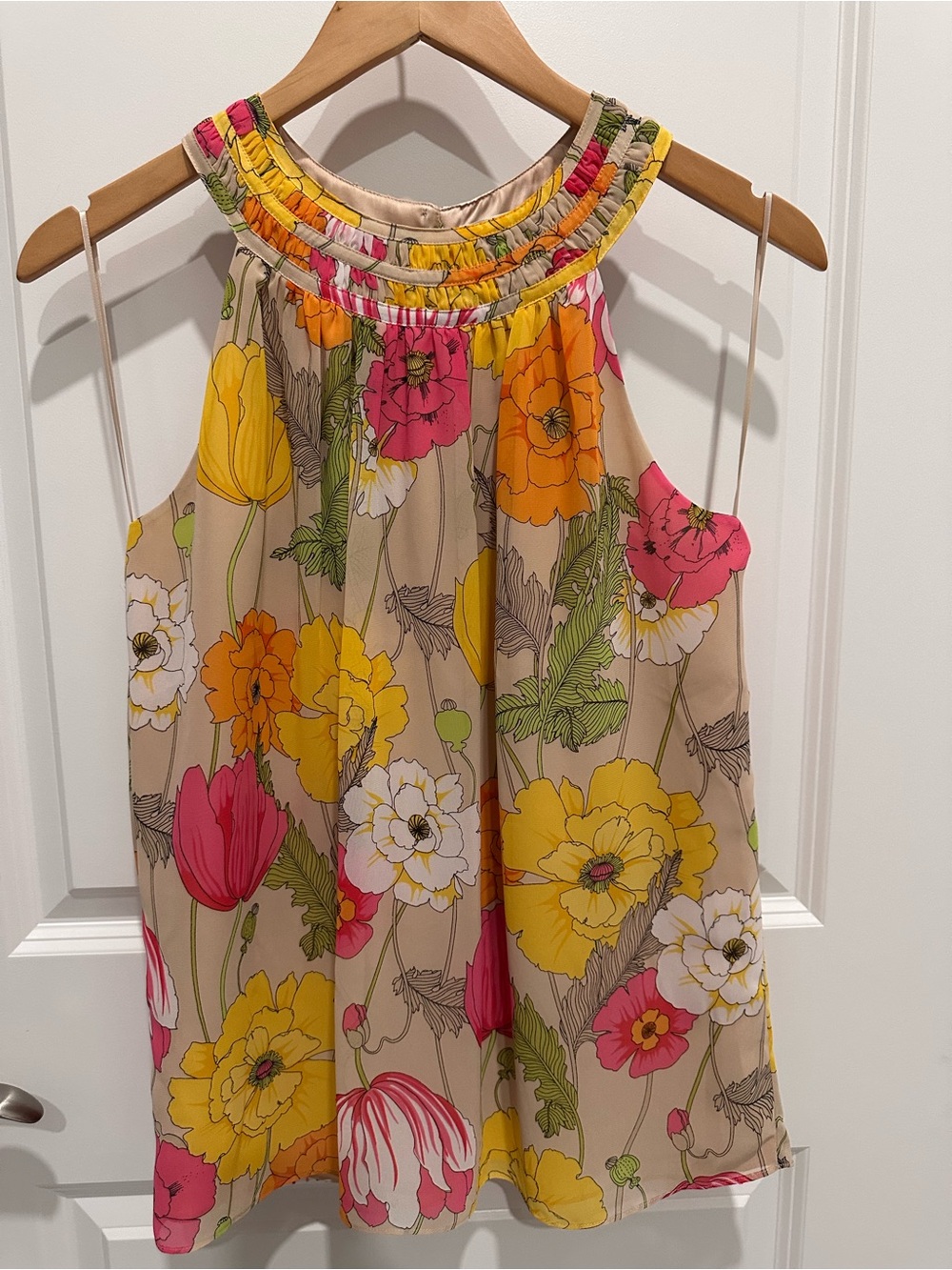 Trina Turk Beige Halter Dress with Pink, Yellow & Orange Floral Print